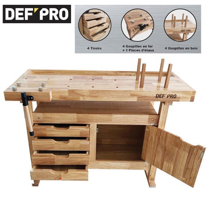 Houten werkbank van 120 cm met opbergruimte: 4 lades + 1 luik