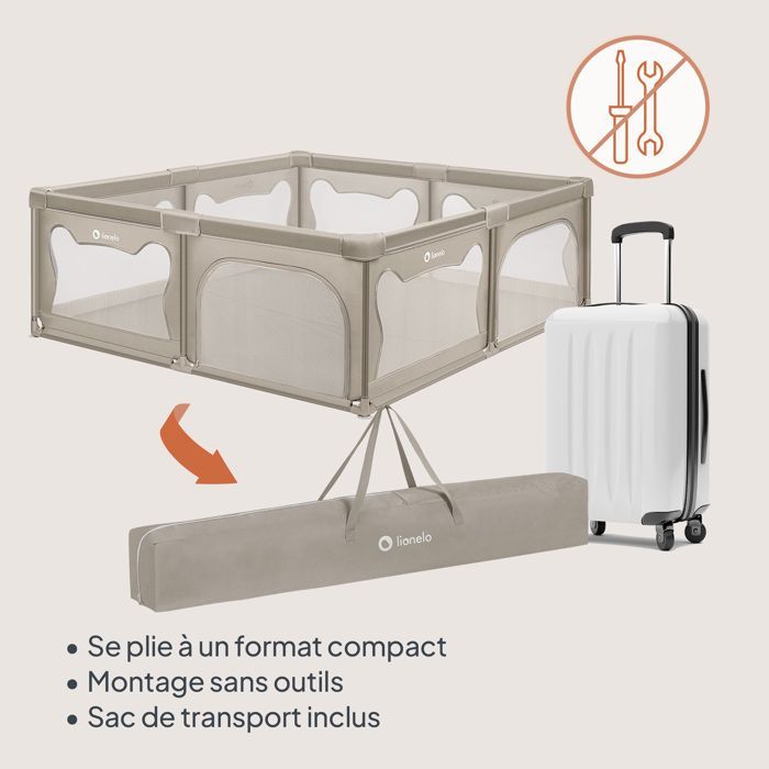 Parque infantil LIONELO Willow XL - 207 x 187 cm - Laterales de malla - Amplia y segura zona de juego - Rejilla protectora - Beige