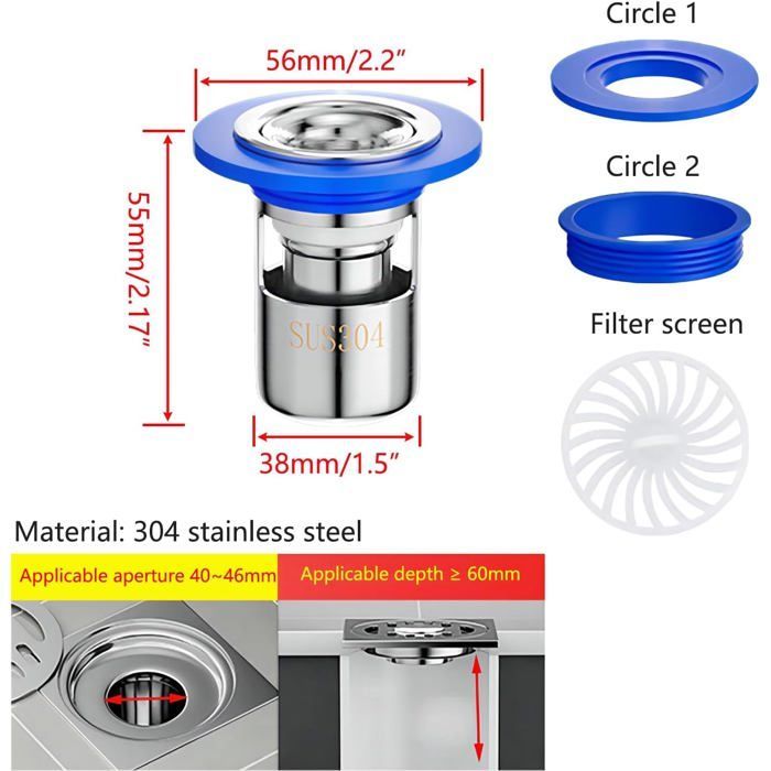 Ralo de piso para chuveiro Qrity, 1 peça, anti-odor, com válvula antirretorno para pia de chuveiro, 38 mm