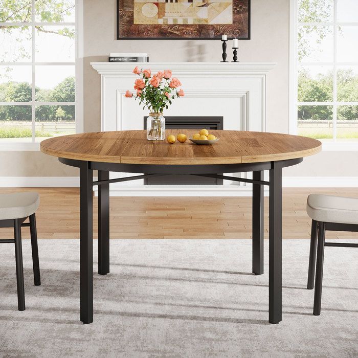 Table à Manger Ronde,Little Tree,118,5×118.5×76 cm,Table de Cuisine avec Pieds en Métal Solide Pour 4 à 6 Personnes,Marron