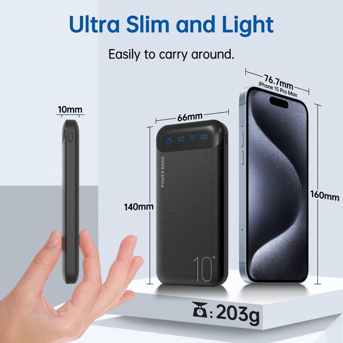 Batterie Externe, 22.5W Power Bank 10000mAh, Chargeur Portable Charge Rapide avec LED, Compatible avec iPhone Samsung Xiaomi Huawei