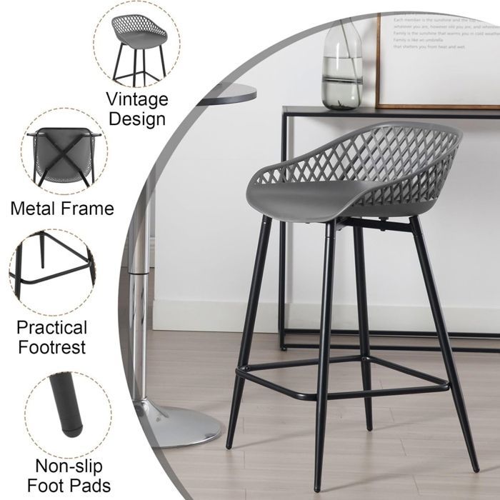 WOLTU Juego de 4 taburetes de bar, sillas altas, respaldo abierto, asiento de plástico, patas de metal, gris W0ATT0604-4