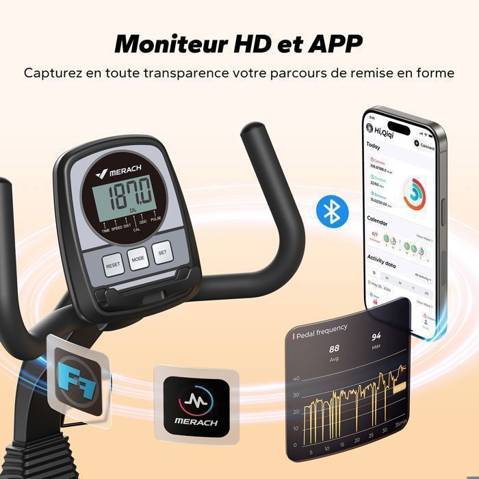 Cyclette semi-reclinata MERACH per riabilitazione, 8 livelli di resistenza magnetica, schermo LCD, app dedicata, sensore di frequenza cardiaca.