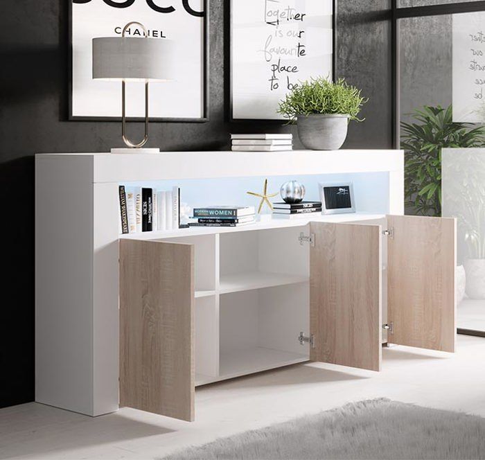 Aparador LED de 3 puertas | 155 x 91,5 x 37 cm | Blanco brillante y Sonoma mate | Almacenamiento | AKER