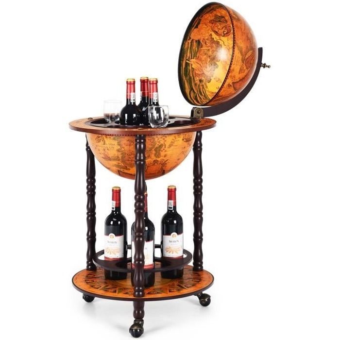 DREAMADE Bar antiguo con forma de globo terráqueo, soporte para botellas, carrito de bar con ruedas, almacenamiento de vino para sala de estar, cocina, bar.