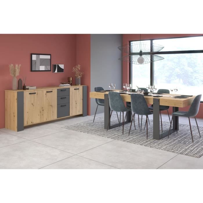 Conjunto de aparador y mesa LOFT - PARISOT - Roble artesanal y gris - 3 puertas - 8 personas
