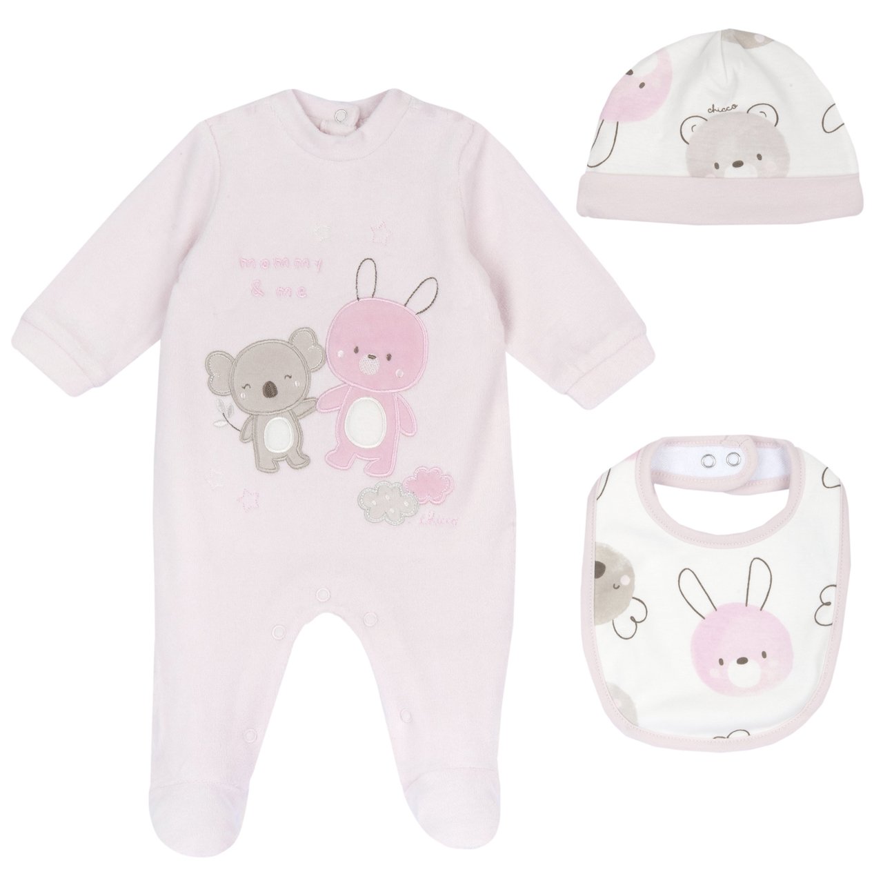 Set cadou pentru bebeluși cu pijama, căciulă și bavetă roz