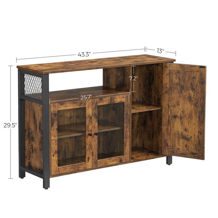 Mueble de almacenamiento VASAGLE, aparador, armario de cocina, vitrina, con 3 puertas, 33 x 110 x 75 cm, marrón rústico y negro.