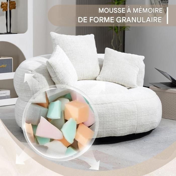 Pouf - LANGTU - High-back beanbag chair - Beige chenille - 108x108x52 cm - 3 cushions