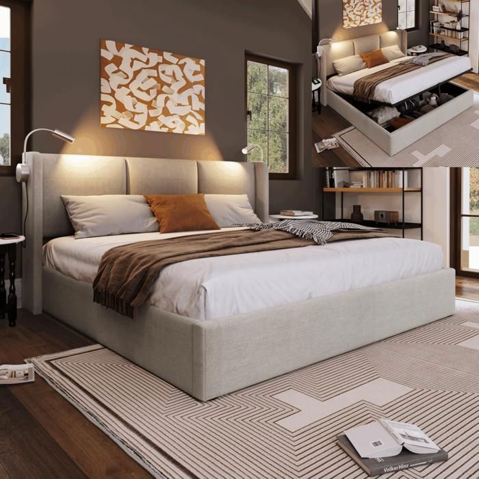 Lit 160 x 200 cm avec rangement,lit coffre 160x200,lit double,lit adulte,avec sommier,avec chargement USB, avec liseuse,lin,beige