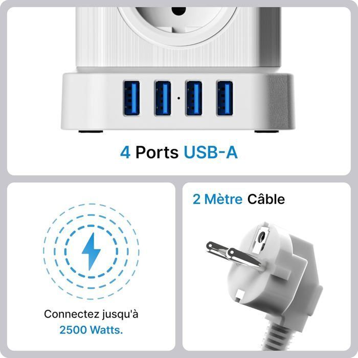 Regleta cúbica 9 en 1 con USB, 5 tomas de corriente europeas, 3 puertos USB-A y 1 puerto USB-C, 4000 W, con interruptor y cable de extensión de 2 m.