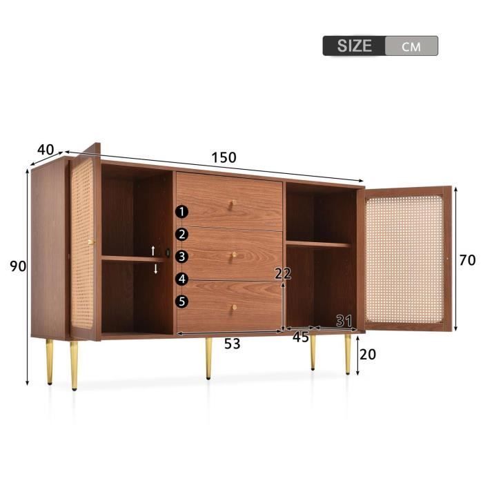 Sideboard mit 2 Türen und 3 Schubladen, lackierte MDF-Platte und Naturrattan-Geflecht – B 150 x T 40 x H 90 cm, Metallbeine, Nussbaum