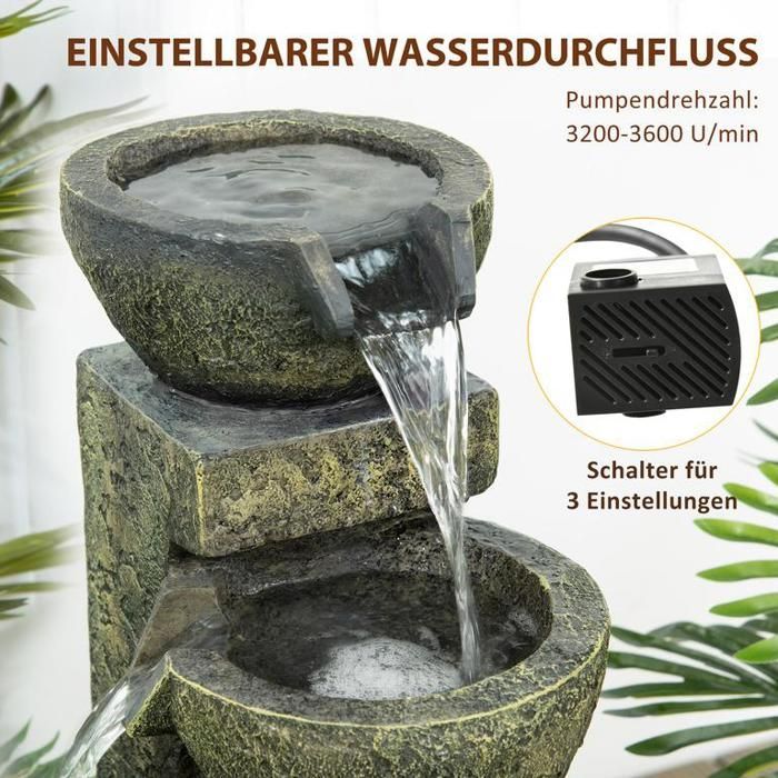 Fontaine de jardin avec 4 débits réglables, élément décoratif et cascade pour jardin et bassin, en résine.