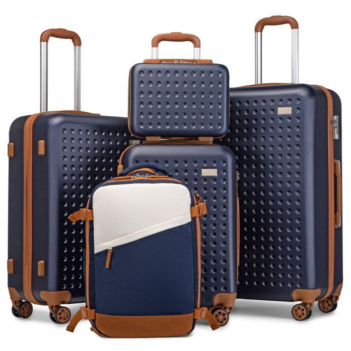 Juego de 5 maletas rígidas de ABS Kono (31/55/67/76 cm) con 4 ruedas y cerradura TSA + mochilas de viaje, azul marino