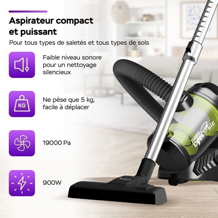Aspirateur Traîneau Sans Sac Cyclonique TurboTronic CV07 – Puissant et Léger – Pour Tapis et Sols Durs – Noir/Vert