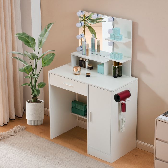 Coiffeuse avec  Miroir LED 3 Couleurs Réglables, Tiroirs et Porte, 80x40x130 cm, Blanc