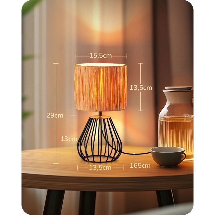 EDISHINE Table Lamp, E14 2700K LED Bulb Included, Raffia Paper Shade, Iron Cage Base