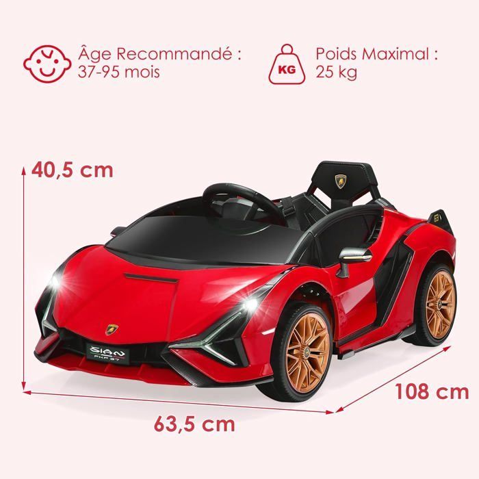 Lamborghini Sian 12V/4.5Ah Electric Ride-On Car for Children Ages 3-8, 2.4G Remote Control, 2 Motors, MP3, USB, TF Card, Radio, Storytelling, Red