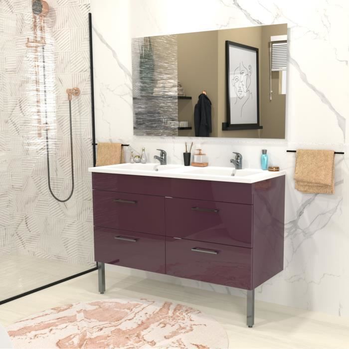Baño completo WEBER con lavabo doble, 120 cm de ancho - Berenjena brillante - REGA