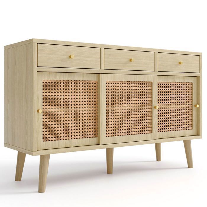 MEUBLES COSY Buffet rétro en bois chêne avec 3 tiroirs, 3 portes coulissantes en rotin et étagères réglables – 120x40x78 cm