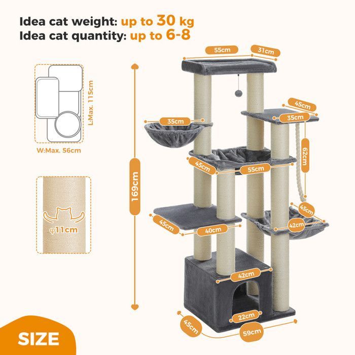 PAWZ Road Grand Arbre a Chat, Arbre à Chat avec Poteaux XXL 11 cm en Sisal, Hamacs Spacieux, Condo & Perchoir, 170 cm, Gris Clair