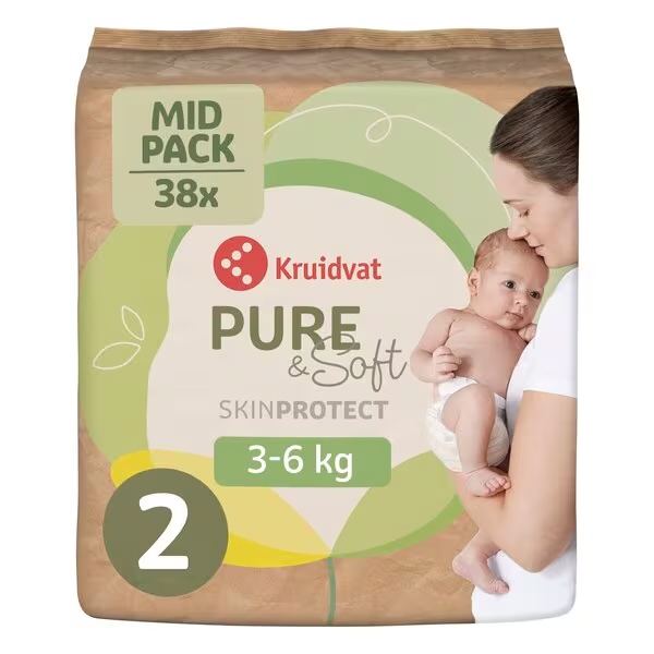 Kruidvat Pure & Soft Newborn Mini plienky veľkosť 2, stredné balenie, veľkosť 2 (3-6 kg), 38 kusov