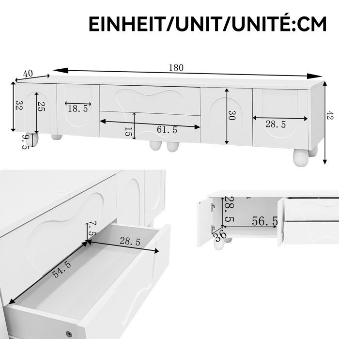 Mobile porta TV - MODERNLUXE - 180x40x42 cm - 2 cassetti, 4 ante - Gambe in legno massello - Bianco