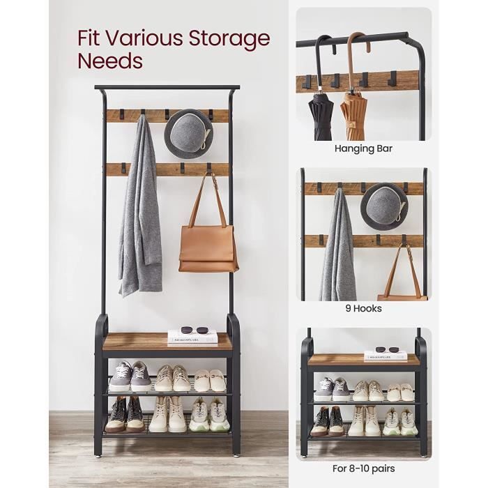 Vestiaire, Meuble d’Entrée avec Étagère Chaussures - VASAGLE - HSR040B41 - Marron Châtaigne et Noir