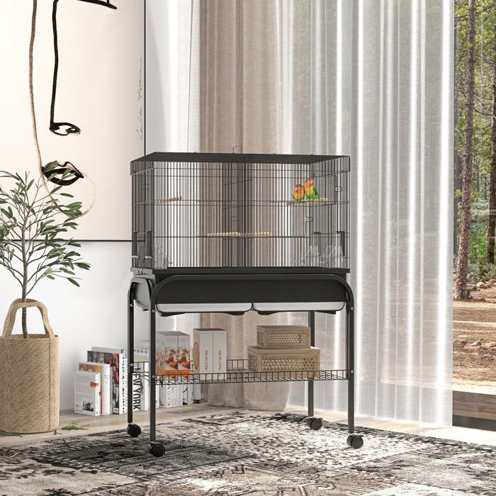 Großer Vogelkäfig – PawHut – mit Ständer und Rollen – für Kakadus, Wellensittiche, Kanarienvögel, Papageien – Stahl – 85 x 49 x 119 cm – schwarz