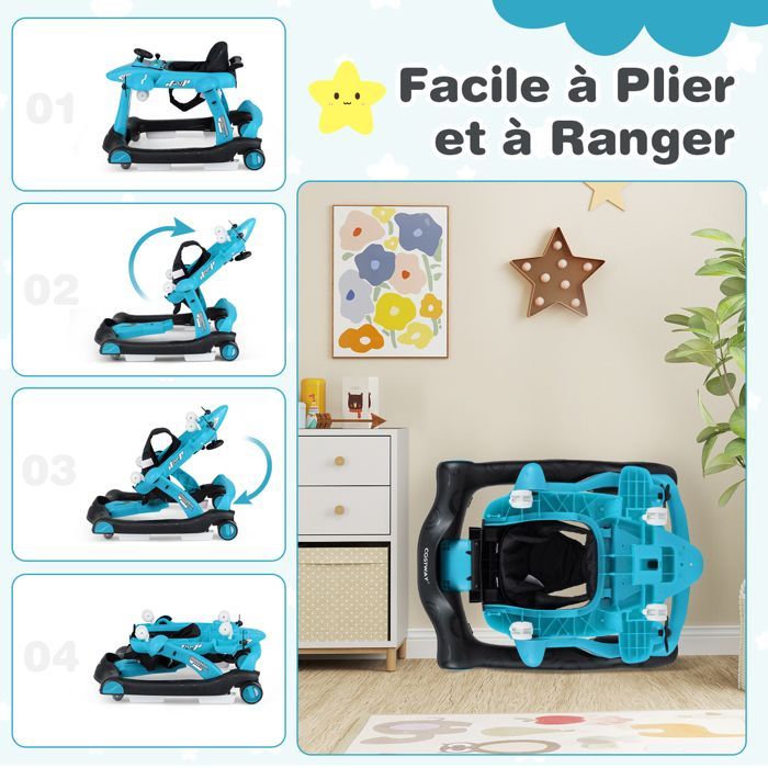 Andador plegable 6 en 1 para bebés COSTWAY - Diseño de avión - Altura ajustable - Caja de música con luces LED - Bandeja de alimentación - De 6 a 18 meses - Azul