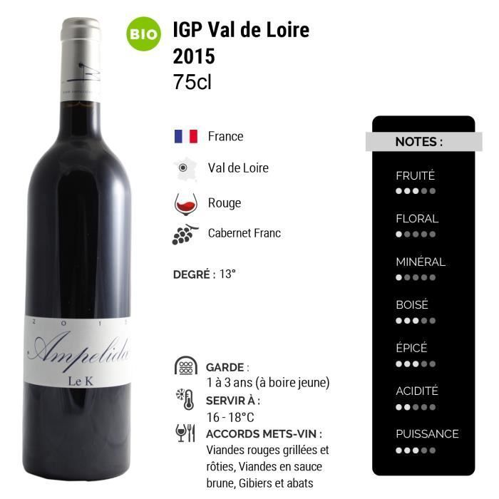 Val de Loire Le K Cabernet Franc Rouge 2015 - Bio - Lot de 6x75cl - Vins Ampelidae - Vin IGP Rouge du Val de Loire