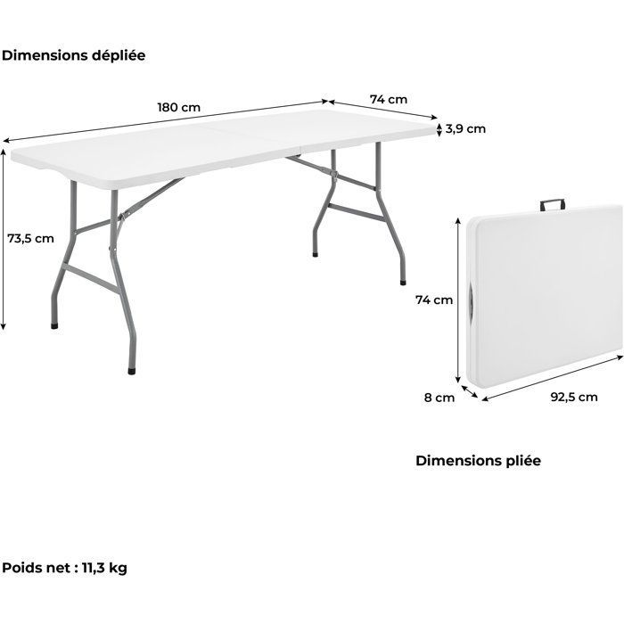 Table de réception pliante - TERRANOVA - Blanche - Structure acier et Plateau en Polyéthylène PEHD - 8 personnes - 180x74xH73,5 cm