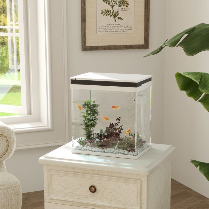 Komplettes kleines Aquarium – PawHut – 14 l – mit Filtersystem, LED-Beleuchtung, Wasserpumpe und Deckel – weiß