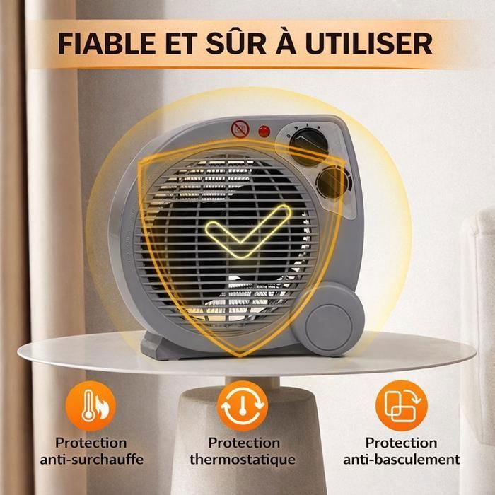 Chauffage d'appoint 2000W, Radiateur Soufflant 2 Niveaux 1000/2000W, Protection Anti-Surchauffe et Anti-Basculement