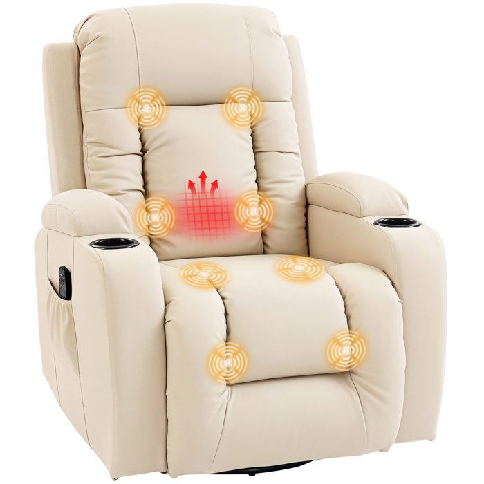 Fauteuil inclinable - HOMCOM - massage et chauffage - dossier réglable, pivotant 360°, repose-pied - PU - 82x99x103cm - crème