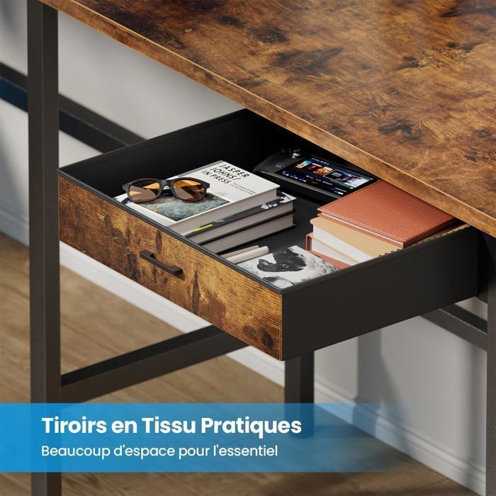 HLONONE , 150 x 100cm Bureau d'angle Gaming en L avec LED, avec Prise Intégrée & Port USB,avec Tiroir, Sac de Rangement, Marron