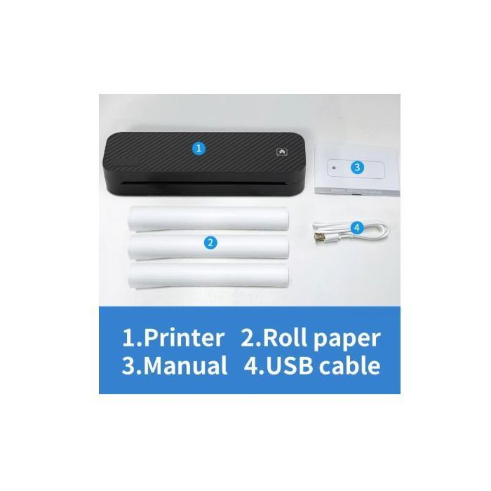 Imprimante Thermique A4 Portable, Bluetooth et USB, 300 DPI, Batterie 2600mAh, 3 Rouleaux Papier Inclus