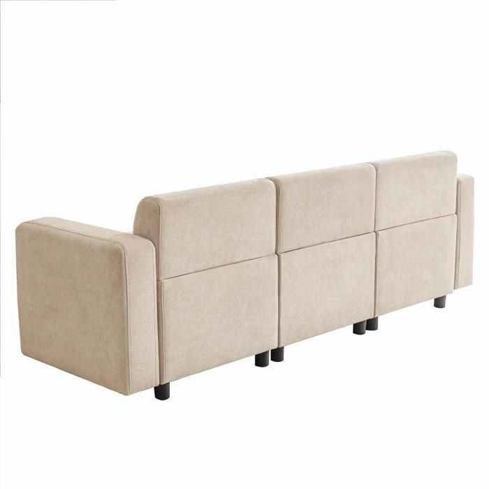 Modern design straight sofa, 3-seater upholstered furniture with decorative cushions, beige living room sofa