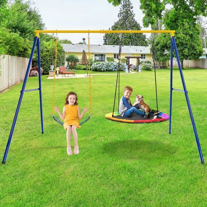 COSTWAY Ronde Vogelnest Schommelset Ø100CM, 1,2m Veiligheidsgordel voor Kinderen, 300KG Draagvermogen, 2 Bevestigingsmethoden