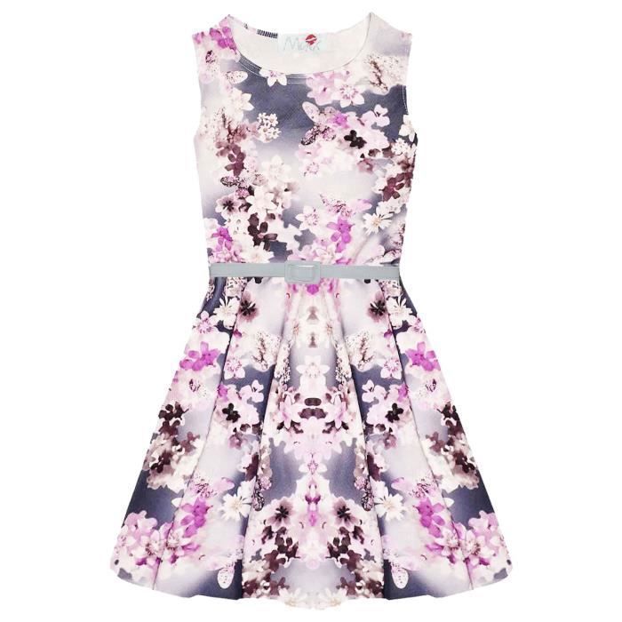 Robe patineuse imprimée florale pour enfants filles - Lilas - Sans manches - Cou rond