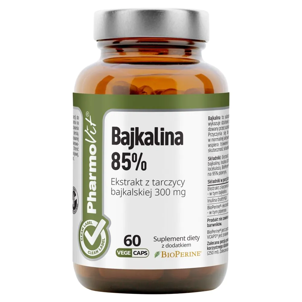PharmoVit Clean Label Bajkalina 85% Ekstrakt z tarczycy bajkalskiej 300 mg Kapsułki