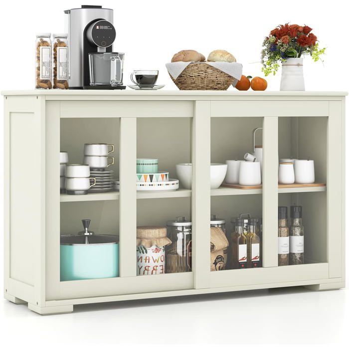 COSTWAY Kitchen Buffet, Kitchen Storage Cabinet, Sideboard with Sliding Tempered Glass Door in Beige Wood
