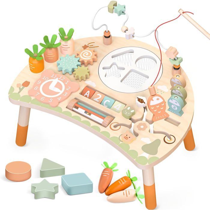 Mesa de actividades Montessori de madera - ZUUKO - 9 en 1 - 39,88 x 29,97 x 34,8 cm - Sensorial - Laberinto de cuentas