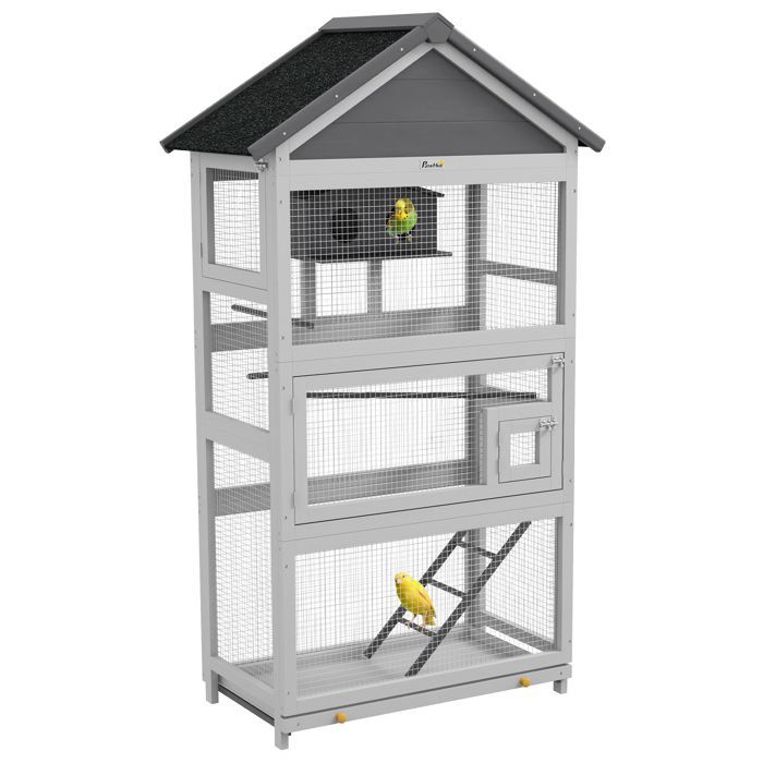 Jaula de madera para pájaros, jaula para loros, zona de juegos, techo de asfalto impermeable, 92 x 52 x 171 cm, gris