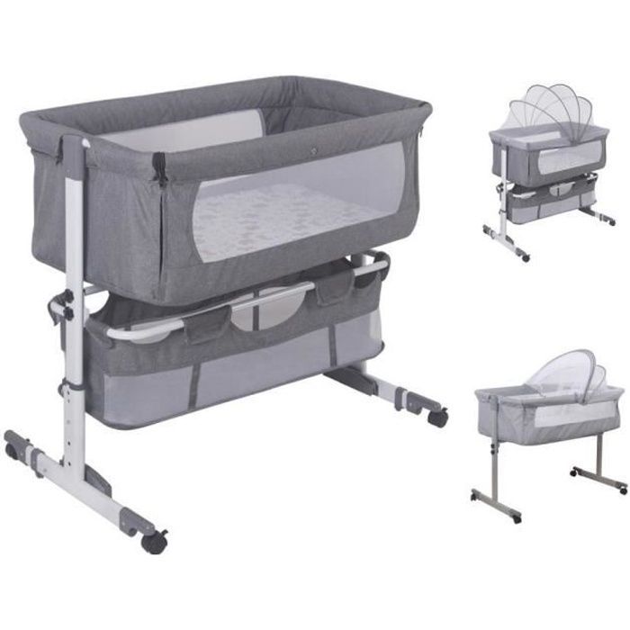 Culla MENGDA per neonati, ideale per il co-sleeping, con materasso e zanzariera, dotata di ruote e altezza regolabile da 70 a 87 cm - Grigio