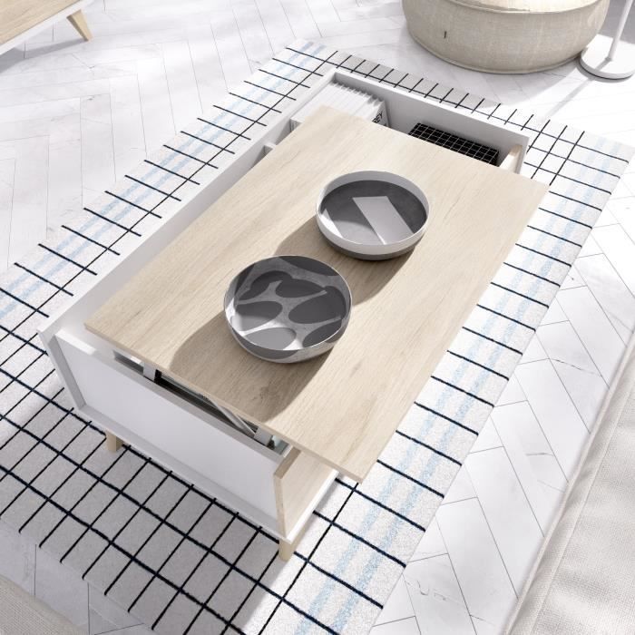 Ensemble salon NESS : Meuble TV + Table basse relevable - Mélaminé - Décor chêne clair et blanc