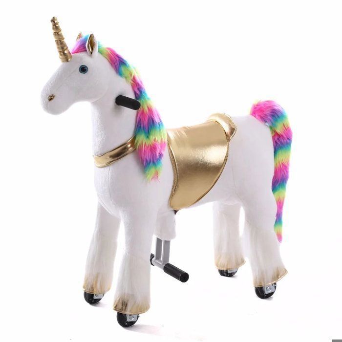 VROOOMY Unicorno cavalcabile con ruote - Piccolo - Arcobaleno - Età 3-6 anni - Movimento meccanico al galoppo - Altezza 54 cm - 45 kg