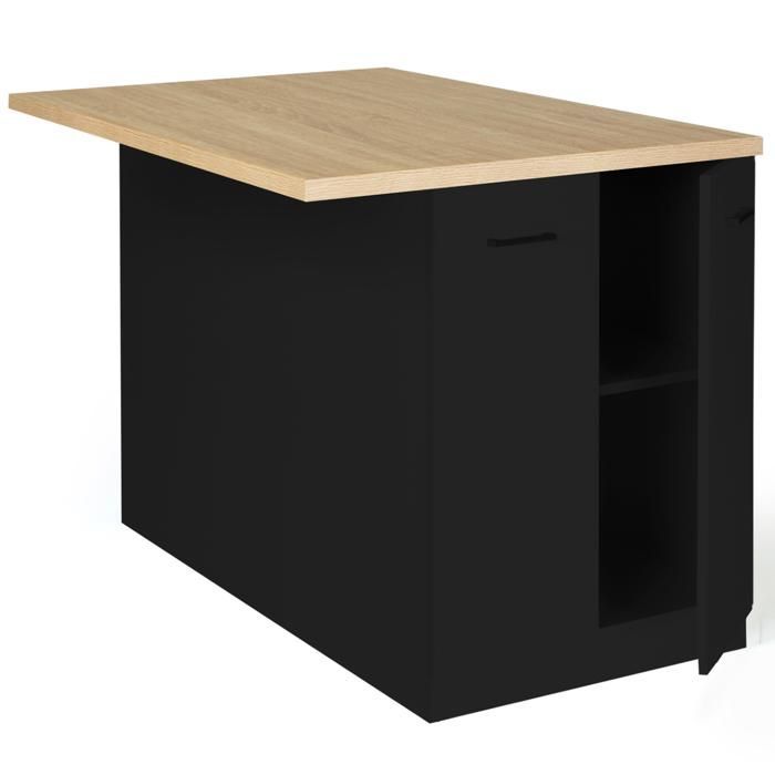 IDMARKET Ilot central IVO 120 cm bois noir avec plan de travail façon hêtre