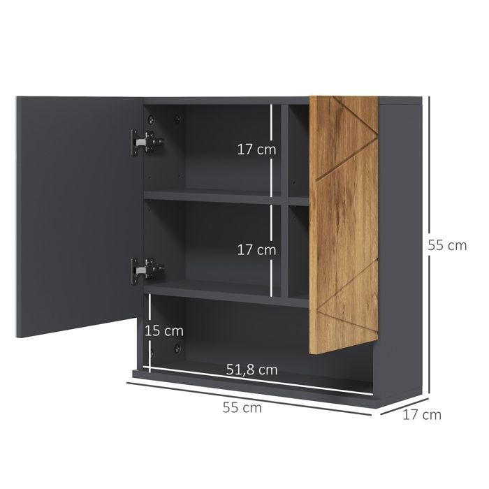 Armoire murale - kleankin - miroir salle de bain rangement 2 portes étagères réglables - bois - 55x17x55cm - naturel gris