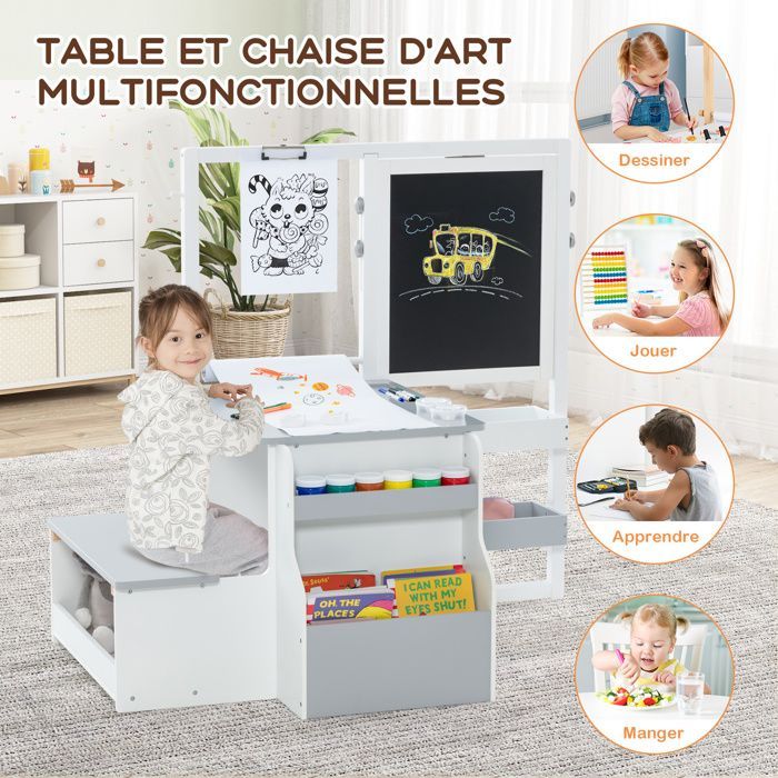 Mesa infantil GOPLUS para mayores de 3 años con silla y pizarra blanca negra ajustable + almacenamiento - Rollos de papel intercambiables, gris y blanco